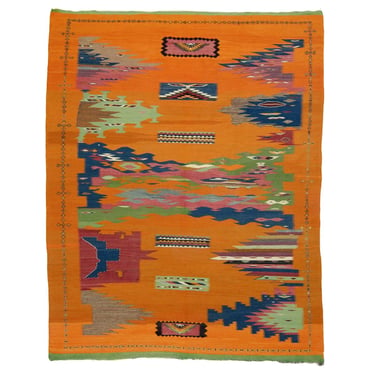 Vintage 6’11” x 8’6” Moroccan Mid Century Kilim with Embroidered Details Hand-woven Rug - FREE DOMESTIC SHIPPING 