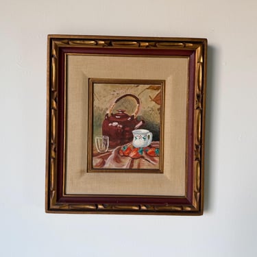 1970s Vintage Still Life Oil on Board Painting of Teapot, Strawberries & Mug – Framed 