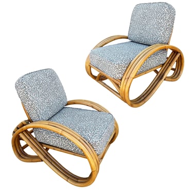 Restored Mid-century 3/4 Round Pretzel Arm Rattan Lounge Chair Set 