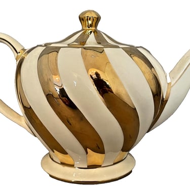 Vintage Sadler Teapot 1552 Cream Gold Ribbon Swirl Stripe Art Deco England 