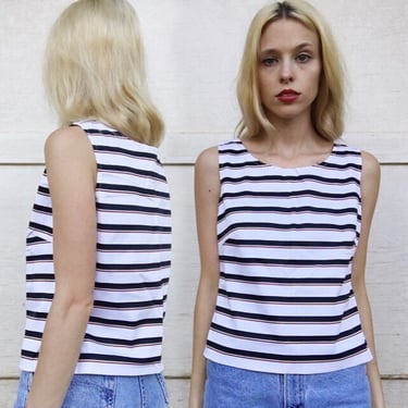 Vintage White Black + Red Horizontal Striped Fancy Summer Tank Blouse Top S 