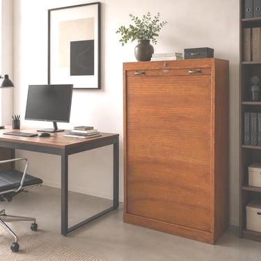 Antique Oak Tambour Cabinet | Roll Top Office Cabinet | German Bauhaus Era Filing Cabinet | Art Deco Office Storage | 1920s Rolladenschrank 