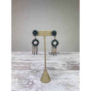 Vintage Zuni Needlepoint Turquoise Dangling Sterling Silver Pierced Earrings 