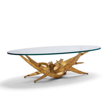 Silas Seandel Brutalist Mid Century Glass and Gilt Bronze Coffee Table - mcm 