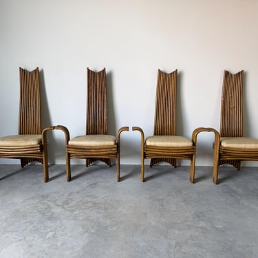 Vintage Boho Chic McGuire Style Sculptural Tall Back Rattan Arm Dining Chairs – Set of 4 