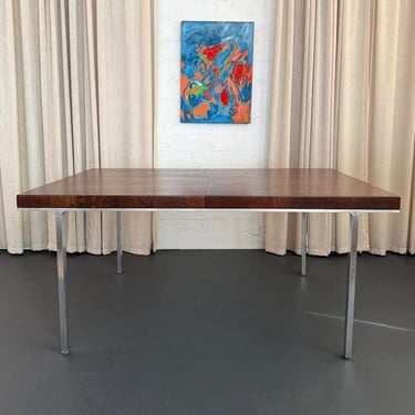 Swiss Mid-Century Modern Burl Walnut Chrome Extension Dining Table, John Stuart