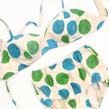 Vintage 1950s Polka Dot Bikini | Catalina 2 Piece Bathing Suit | Turquoise and Green on White | Size Medium 