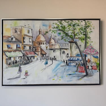 1980’s Beverly Parisian Cityscape Street Scene Oil on Canvas Painting, Wood Framed 