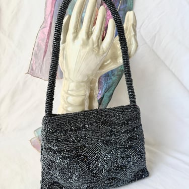Vintage Beaded Clutch Evening Purse, Ornate Pattern, Jet Beads, Handbag, FABULOUS 