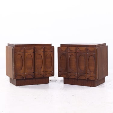 Tobago Brutalist Mid Century Walnut Nightstands - Pair - mcm 