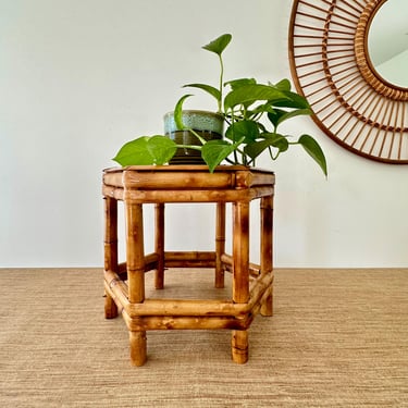 Vintage Tortoiseshell Bamboo Plant Stand - Hexagon Rattan 