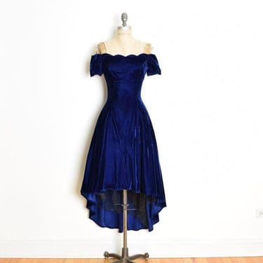 vintage 80s prom party dress navy blue velvet fishtail hem off shoulder hi-lo XS 