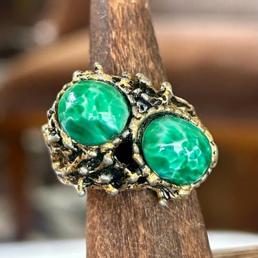 Vintage Brutalist Ring Gold Tone Green Glass Cabochons Modernist Modern Jewelry 
