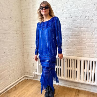 True Vintage 1980s Royal Blue Silk Beaded Drop Waist Dress 