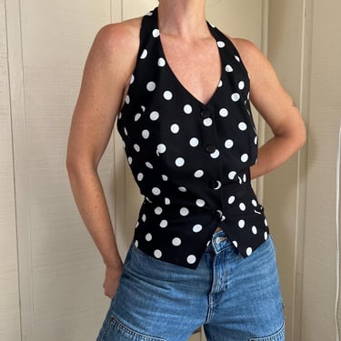 Vtg L/XL Polka Dot Halter Vest Top, Vintage Black and White Halter, V Neck Tank Vest 