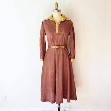 Size L 1970s Vintage Pinstripe Midi Dress Burgundy Corduroy Trim Belted 