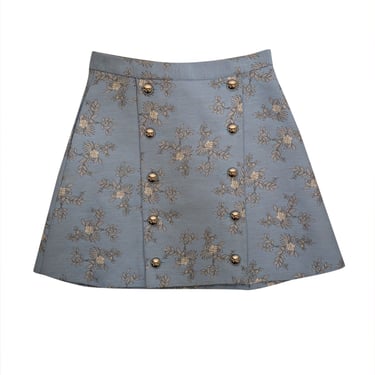 Macgraw - Pastel Blue Brocade Floral Silver Button Front Skirt Sz 6