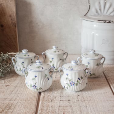 RARE Set of 5 small white porcelain cream jars with blue flowers 