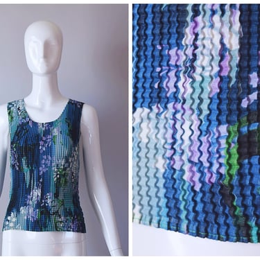 Vintage Y2K Blue Floral Print Chiffon Accordion Pleated Sleeveless Top | retro 90s 1990s 2000s | 