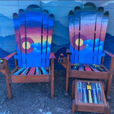 Set of 3 - Colorado Ski Chairs - Save when you buy a set, hand painted, repurposed skis - hand painted Aspen Theme - grey stained bases 