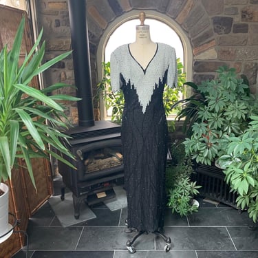 Vintage 1980s Black and White Bead and Pearl Silk Evening Dress Lawrence Kazar New York 