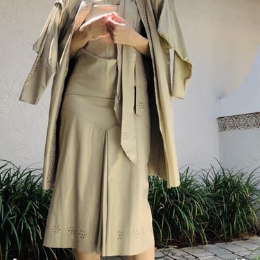 80s Vintage Gold Beige Leather Dress and Leather Jacket 80s Country Music Western Wedding Cowgirl Leather Dress by Mandana Small 