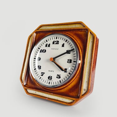 Vintage Kienzle Ceramic Wall Clock – 1970s German Brown Glazed Pottery Clock – Mid Century Modern Wall Decor 