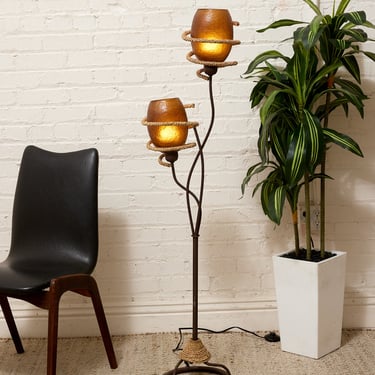 Vintage Atomic Mid-Century Two-Light Floor Lamp with Fiberglass Shades