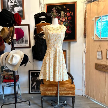 vintage 60's yellow cotton dress leaf print ruffle neck summer dress 
