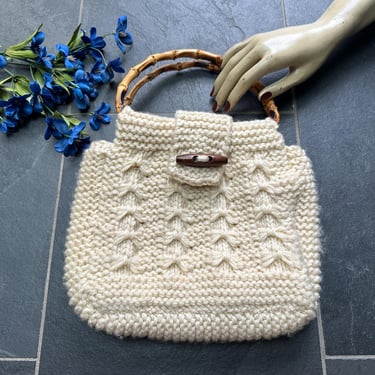 Vintage Ivory Knitted Handbag with Bamboo Handles, Vintage Bohemian Crocheted Handbag 