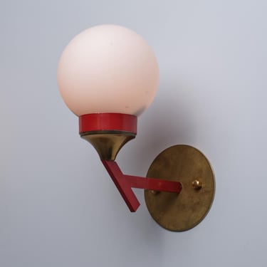 1950s Italian Brass, Red Lacquered Metal and Opaline Glass Globe Wall Sconce 