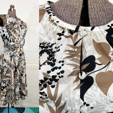Vintage Floral Dress Lady Carol of New York White Black Brown Sleeveless Midi Tie Belt 1970s Medium 