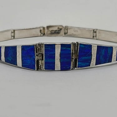 Faux Blue Fire Opal Inlaid Sterling Silver Bracelet 
