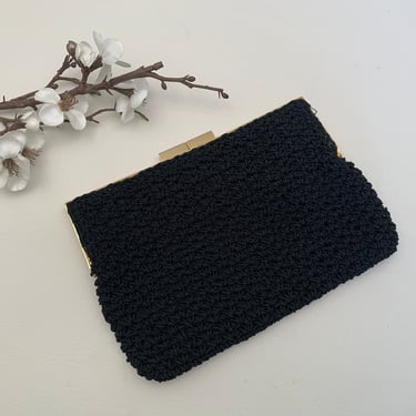 Vintage 1980s Black Cord Crocheted Clutch Bag or Gold Chain Shoulder Bag Made in Hong Kong, Vintage Crocheted Purse 