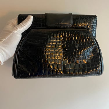 Vintage Susan Gail croc embossed black patent leather purse clutch 