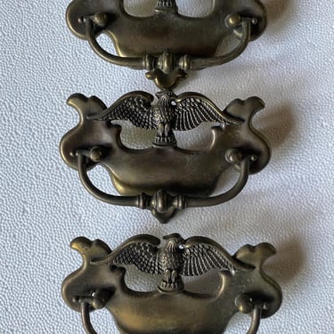 3 Old Marked antique cast brass bronze metal Feseral style~ Dresser Hardware~ American Eagle Drawer Pulls, 3 inches on center, Hepplewhite 