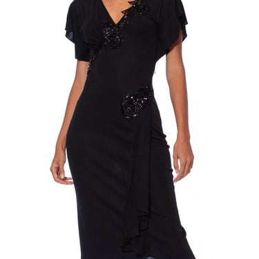 1980S JONATHAN HITCHCOCK Black Beaded Rayon Blend Jersey 1940S Style Sexy Draped Cocktail Dress 
