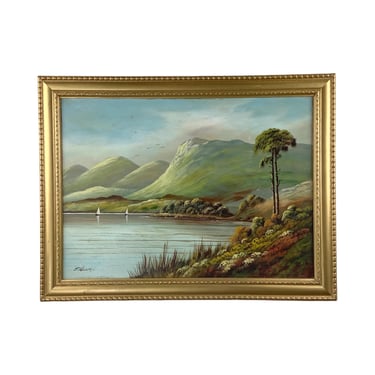 Antique Scottish Loch Oil Painting • Signed J. Kellog • Original Gilt Frame 