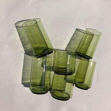 Set of 6 Vintage Avocado Green Mixed Sized Glasses/ 3 Pairs Anchor Hocking Finlandia 