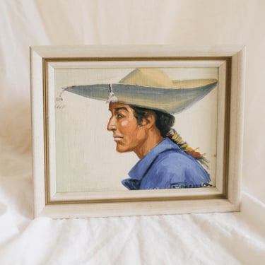 Vintage Signed Original Oil Portrait Painting Man in Sombrero | Mid Century Framed Art | John Wanamaker Framing 9x11 