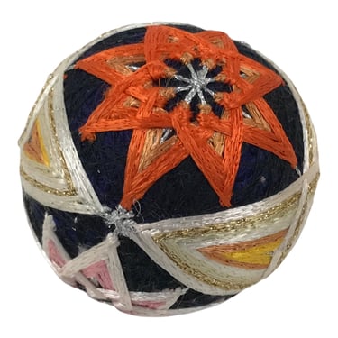 Japanese Embroidered Silk Thread Ball Temari Vtg Traditional Toy Blue Gold ID693