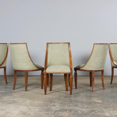 1930s French Art Deco Walnut Gondola Dining Chairs in Striped Green Chenille - Set of 6 
