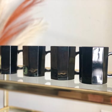 Vintage Black Arcoroc Octime Coffee Mugs - Set of 4 Retro Mugs 