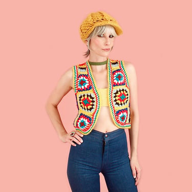 Vintage 1970's Granny Square Crochet Knit Sweater Sweater Vest //  Knit HiPPiE Boho 70's // Medium M 