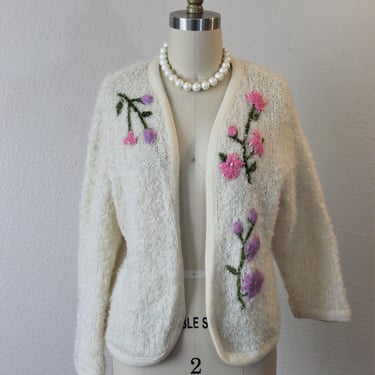 Vintage Rosanna Mohair Cardigan: 1950s Creamy Embroidered Sweater, Size Small/Medium 