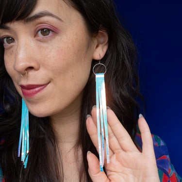 Disco Strips Super Long Earrings - Made from Iridescent Leather Scraps 