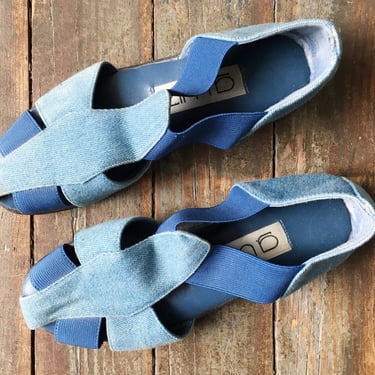 Vintage 80s G. Wiz Two Toned Denim + Elastic Strappy Cut Pit Slip On Summer Sandals 5 