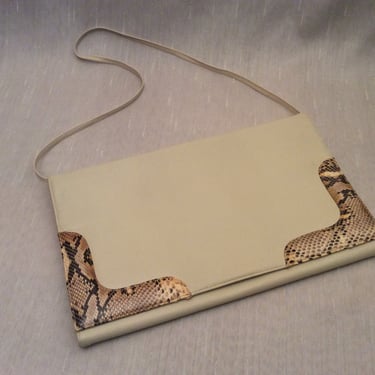 Vintage 1980s Textured Ivory and Snakeskin Clutch or Shoulder Bag, Vintage Chic de Paris Bag, Vintage Oversized Clutch Detachable Strap Bag 