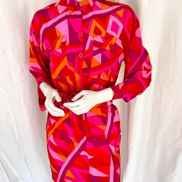 1990s GENNY Mod Maximalist Pink Minidress, 90s Geometric SILK Shirt Dress, 60s Mod Pucci Vibe, 80s Big Belt Shirtdress, Vintage Resort Dress 