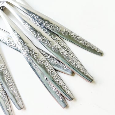 Vintage Orleans Stainless Flatware Teaspoons Dinner Forks: Flowers & Scrolls Mid Century Replacement Utensils, Korea, ORL70 